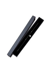 Silverfärgad armband som visas i en svart låda, med en stjärnhänge och små dekorativa element längs kedjan. Slät yta, delikat design.