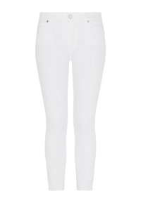 Jeans skinny blancs avec une texture lisse, dotés d'une fermeture éclair et d'un bouton, de deux poches avant et de détails de couture subtils.