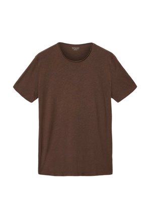 Brun t-shirt med rund hals lavet af blødt stof, med korte ærmer og en afslappet pasform med en glat tekstur uden synlige mønstre.