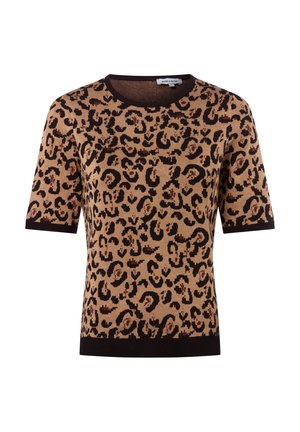 Pull à motifs léopard à manches courtes en marron clair et noir. Texture finement tricotée avec un col et des poignets côtelés.
