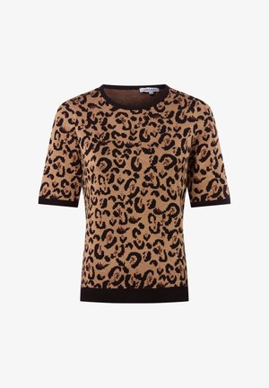 Pull à motifs léopard à manches courtes en marron clair et noir. Texture finement tricotée avec un col et des poignets côtelés.