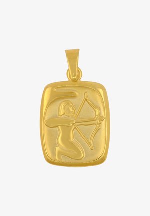 Ciondolo in oro dalla forma rettangolare con un motivo in rilievo raffigurante una figura che tende un arco, con texture liscia e finitura lucida.