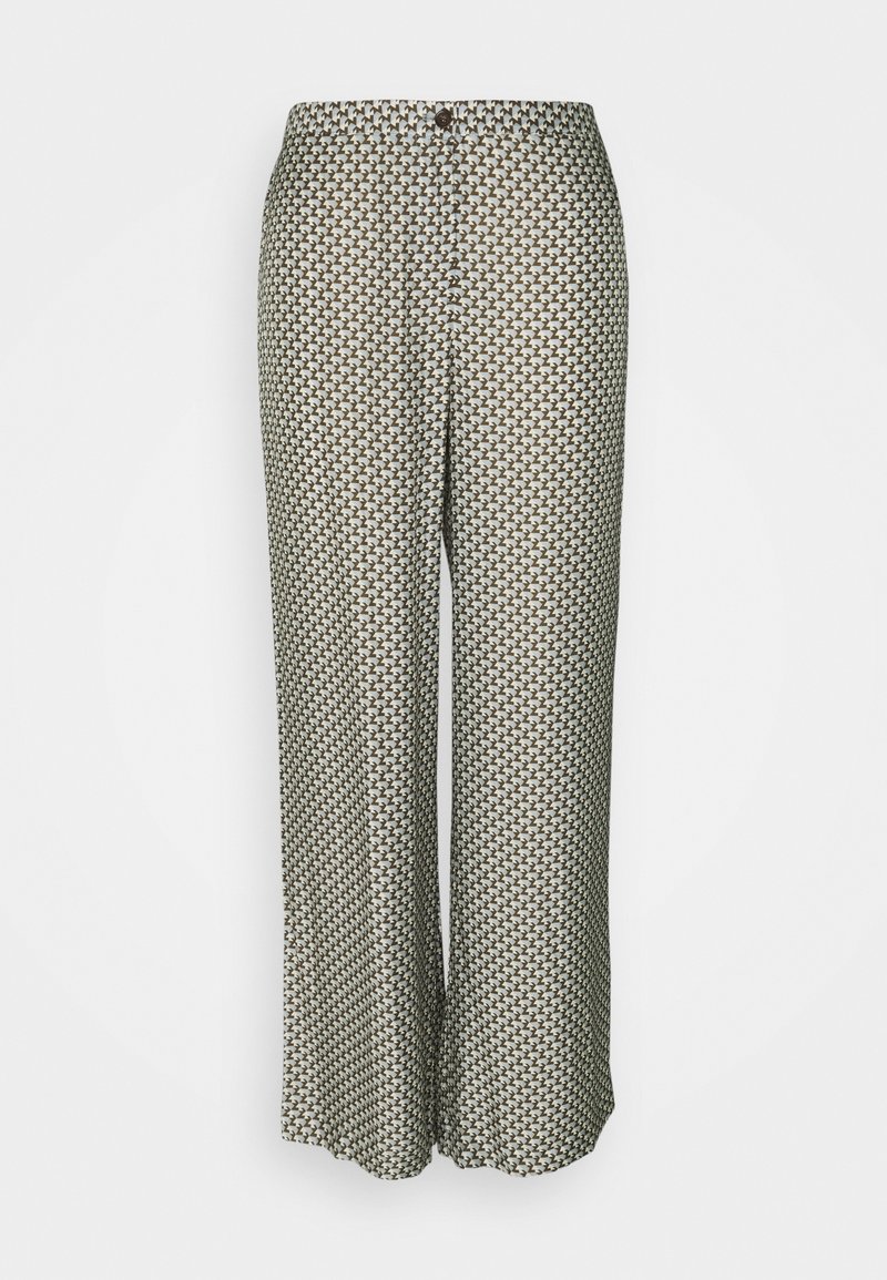Pantalons à jambes larges en tissu léger, présentant un motif géométrique marron et crème, avec une fermeture à bouton à la taille.