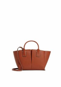 Borsa a mano in pelle marrone con design strutturato, doppio manico superiore e tracolla staccabile. Presenta cuciture a contrasto e un dettaglio con logo.