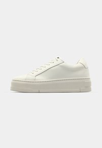 White leather sneakers with a rounded toe, flat laces, and a thick, textured sole. Smooth upper surface; minimalistic design.