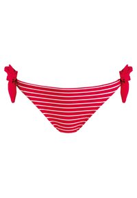Czerwony dół bikini w białe poziome paski, z akcentami w postaci wiązań po obu stronach. Gładka tekstura z niskim stanem.