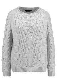 Světle šedý svetr s pleteným vzorem, který má kulatý výstřih, textured vzory a ribbené manžety a lem. Silný pletený materiál s výraznými designy.