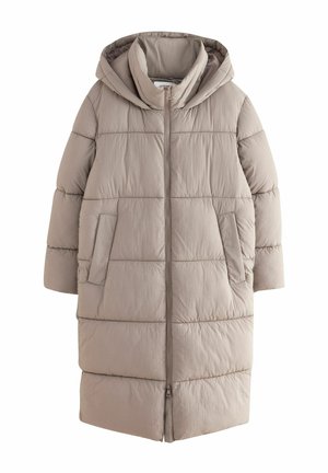 Cappotto lungo imbottito in beige chiaro, con chiusura a zip, cappuccio oversize e due tasche laterali con una finitura liscia e testurizzata.