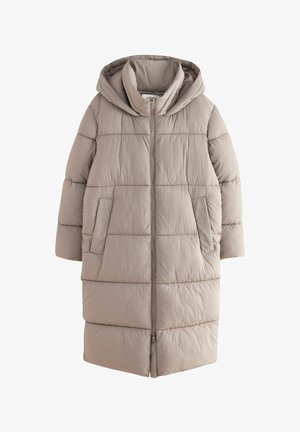 Cappotto lungo imbottito in beige chiaro, con chiusura a zip, cappuccio oversize e due tasche laterali con una finitura liscia e testurizzata.