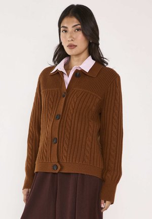 Vrouw draagt een bruine kabelgebreide cardigan met knopen over een lichtroze blouse met kraag, gecombineerd met een donkerbruine rok, staand tegen een witte achtergrond.