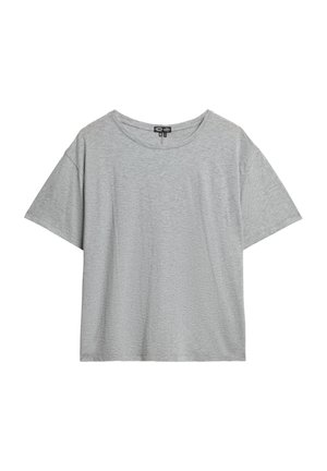 Gray cotton t-shirt with short sleeves, a round neckline, and a relaxed fit; texture appears soft and slightly heathered.