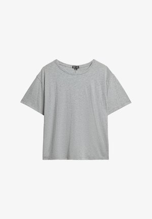 Camiseta de algodón gris de manga corta, con cuello redondo y un corte relajado; la textura parece suave y ligeramente jaspeada.