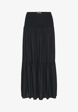 Falda maxi negra con capas, hecha de un tejido suave. Presenta una cinturilla fruncida y una silueta suelta y fluida con un dobladillo con volantes.