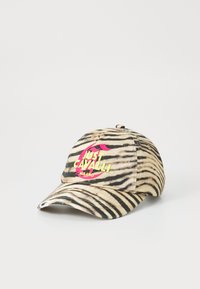 Casquette de baseball rayée en tigre beige et noir avec un logo "Just Cavalli" rose et jaune à l'avant. Tissu doux, visière courbée.