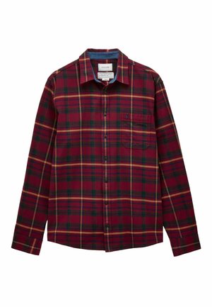 Rot-grün kariertes Langarmhemd mit Button-Down-Kragen und einer Brusttasche. Baumwollstoff mit glatter Textur.