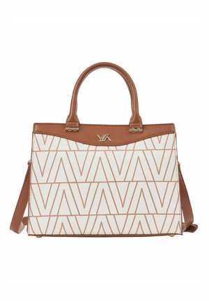 Brown and white handbag with geometric "W" pattern, two handles, a detachable shoulder strap, and gold-tone logo detail at the top center.