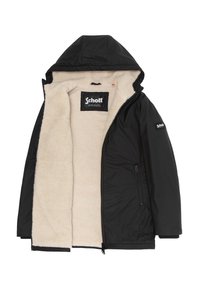 Schwarze Kapuzenjacke mit cremefarbener Fleece-Innenausstattung, Frontreißverschluss, Reißverschlusstasche und Schott-Markenetikett innen und am linken Ärmel.