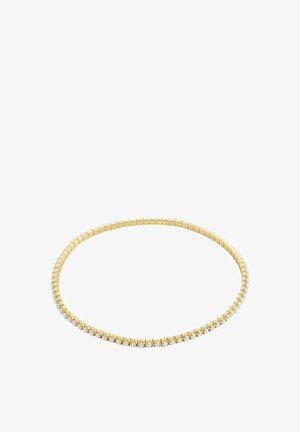 Narukvica zlatne boje sizmije alternativnih glatkih i perličastih sekcija. Dizajn je vitak s fleksibilnom strukturom.
