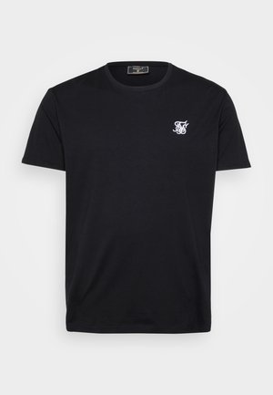 Sort bomulds t-shirt med korte ærmer, rund halsudskæring og et lille hvidt broderet logo på venstre bryst. En simpel og klassisk design.