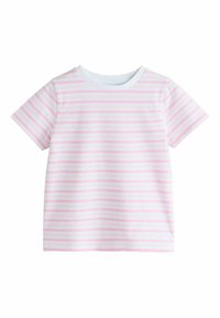 Bombažna majica s horizontalnimi črtami v svetlo roza in beli barvi, z okroglim izrezom in kratkimi rokavi. Mehka tekstura, priložnostni dizajn.
