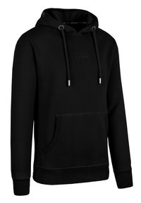 Zwarte hoodie van zachte stof, met een buidelzak, een capuchon met trekkoord, ribgebreide manchetten en een subtiel ingebosseld logo op de borst.
