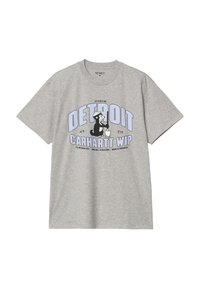 Camiseta de algodón gris con mangas cortas, con un diseño de dibujos animados de un oso con un casco de obra y el texto "DETROIT CARHARTT WIP" en azul.