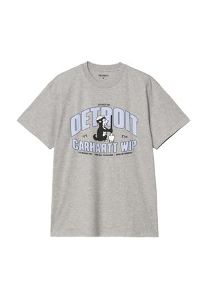 Camiseta de algodón gris con mangas cortas, con un diseño de dibujos animados de un oso con un casco de obra y el texto "DETROIT CARHARTT WIP" en azul.