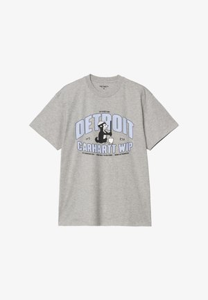 Camiseta de algodón gris con mangas cortas, con un diseño de dibujos animados de un oso con un casco de obra y el texto "DETROIT CARHARTT WIP" en azul.