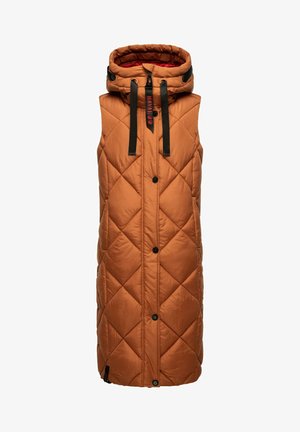 Garšs, quiltēts žakets silti brūnā krāsā, ar kapuci, melnām akcentēm, spiedpogām un dimanta raksta tekstūru. Mīksts, izolējošs materiāls.