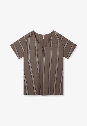 Blouse marron à manches courtes avec des rayures verticales noires et blanches, col en V, et petit détail noué au niveau de l'encolure.