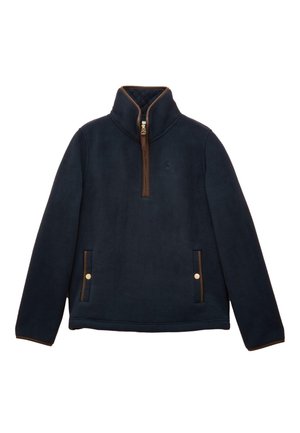 Sudadera de forro polar azul marino con ribete marrón, cuello con cremallera de cuarto y dos bolsillos delanteros con botones de presión.