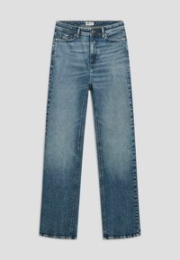 Jeans in denim blu chiaro con un design a gamba dritta. Dotati di cinque tasche, accessori in metallo e leggera sfumatura sulle cosce.