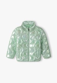 Veste matelassée brillante vert clair avec fermeture éclair frontale et deux poches latérales, conçue pour les enfants.