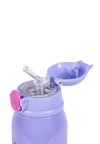 Purple insulated water bottle with flip-top lid and clear silicone straw spout shown open against white background.