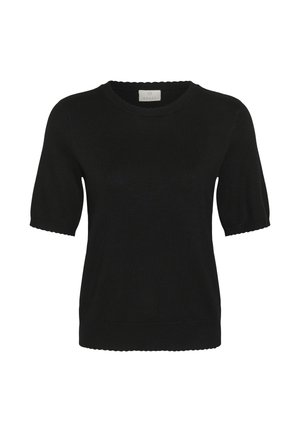 Haut en maille noir à manches courtes avec bords festonnés au niveau de l'encolure, des poignets de manches et de l'ourlet, présentant un col rond et une silhouette ajustée.