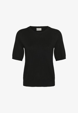 Haut en maille noir à manches courtes avec bords festonnés au niveau de l'encolure, des poignets de manches et de l'ourlet, présentant un col rond et une silhouette ajustée.