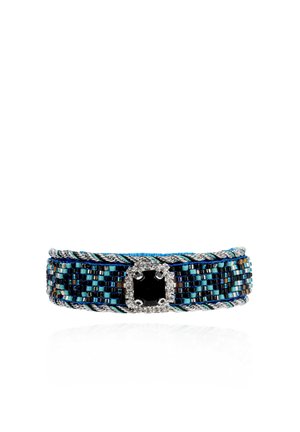 Blue beaded bracelet with black square gemstone center, surrounded by small clear stones and twisted silver and blue rope edges.