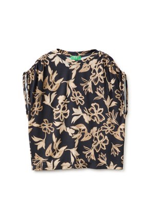 Zwarte blouse met korte mouwen en beige bloemenprint en geplooide mouwen, plat neergelegd met groen merketiket bij de halslijn.
