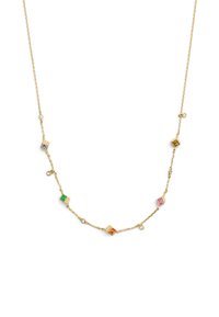 Guld halskæde med geometriske charms i rød, grøn, blå, pink og orange, akkompagneret af små klare krystaller.