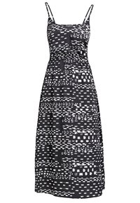 Black sleeveless midi dress with white irregular dot pattern and thin shoulder straps, featuring a gathered waist and scoop neckline.