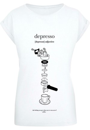 White short-sleeve t-shirt featuring a black graphic design of a coffee machine and text, depicting the word "depresso" and coffee-related icons.