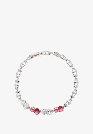 Bracciale d'argento con gemme rosse e trasparenti a taglio rotondo e marquise alternate, collegate da segmenti di catena ovale.