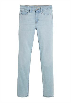 Vaaleansiniset farkut, joissa on kapea malli, viisi taskua ja klassinen napitus- ja vetoketjukiinnitys. Sisältää hienovaraisia haalistumisia ja ompelutietoa.