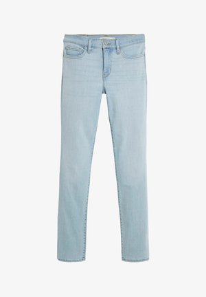 Vaaleansiniset farkut, joissa on kapea malli, viisi taskua ja klassinen napitus- ja vetoketjukiinnitys. Sisältää hienovaraisia haalistumisia ja ompelutietoa.