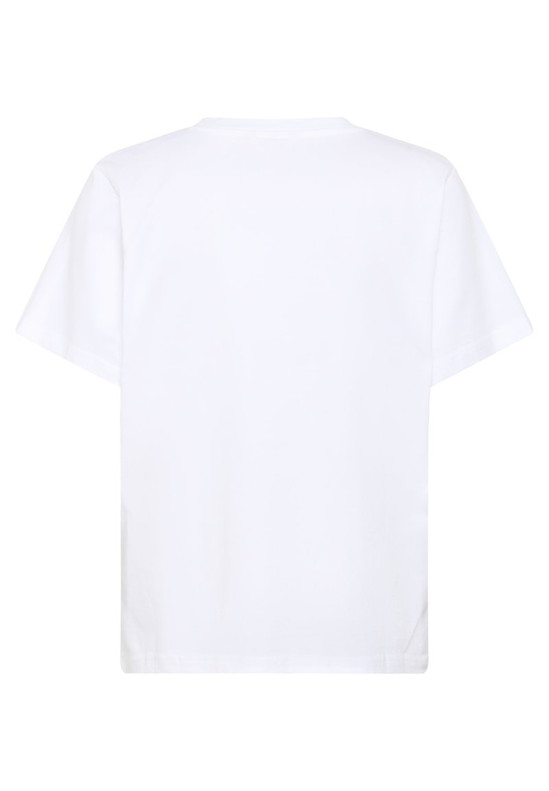 Weißes T-Shirt mit kurzen Ärmeln aus Baumwolle. Hat einen runden Ausschnitt und eine lockere Passform. Keine Grafiken oder Verzierungen, glatte Textur.