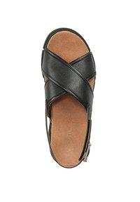 Sandal in pelle nera con design a cinturino incrociato, soletta imbottita marrone e chiusura con fibbia regolabile sul lato.