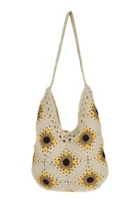 Sac épaule au crochet en fil beige orné de motifs tournesol en jaune et marron, avec une texture douce et une large bandoulière.