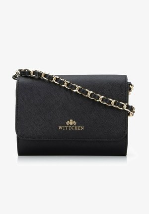 Black handbag made of textured synthetic material, featuring a flap closure, gold hardware accents, and a chain shoulder strap.