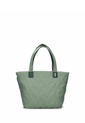 Borsa a tracolla trapuntata verde chiaro con doppi manici e piccola etichetta nera sul lato superiore destro.