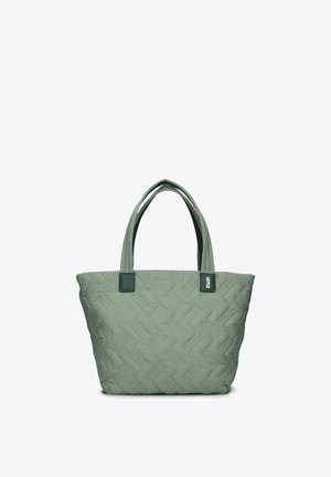 Light green quilted tote bag with dual shoulder straps and small black label on upper right side.